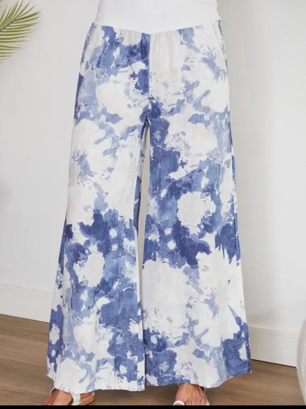 Women's Blue & White Wide-Leg Tie-Dye Linen Pants